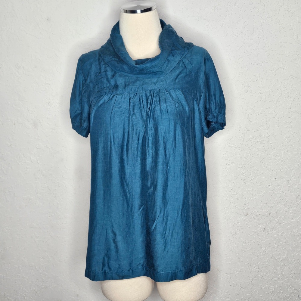 a.n.a Women Teal Blue Silk Cotton Blend Cowl Neck Short Sleeve Blouse Size L